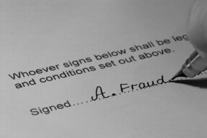 a forged document with a hand signing the signature, “A. Fraud.”