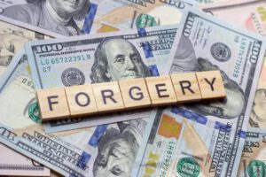 The word forgery spelled out on letter tiles over USA hundred dollar bill background