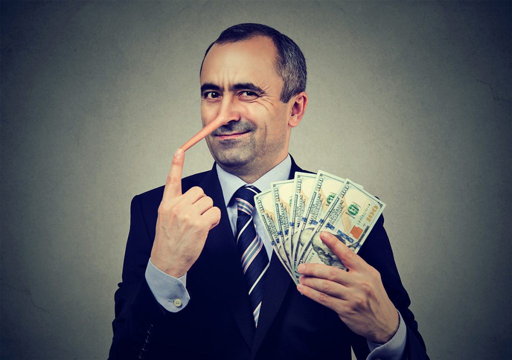 a businessman whose nose is growing, with money in his hand