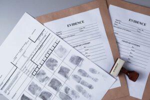A set of documents including fingerprints and a page titled ‘evidence.’