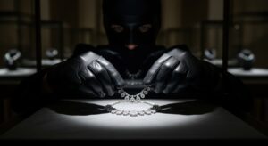 A criminal wering black mask and gloves stealing diamond necklace